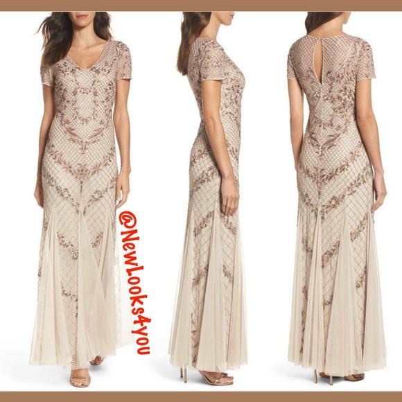 NWT $379 Adrianna Papell Beaded‎ Mesh Mermaid Gown Floral Biscotti [SZ 8 ] - Picture 2 of 12